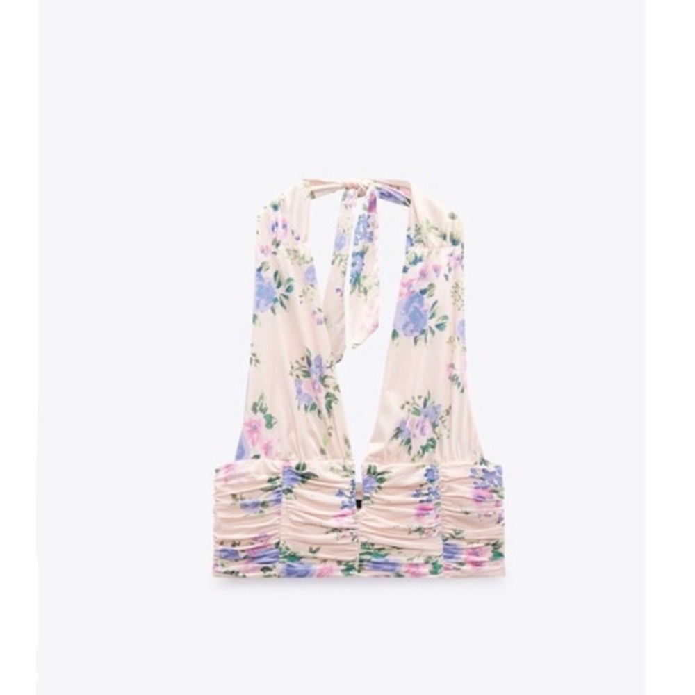 NWOT Zara Spring Pastel Crop Halter Floral Top Size Large in Light Pink